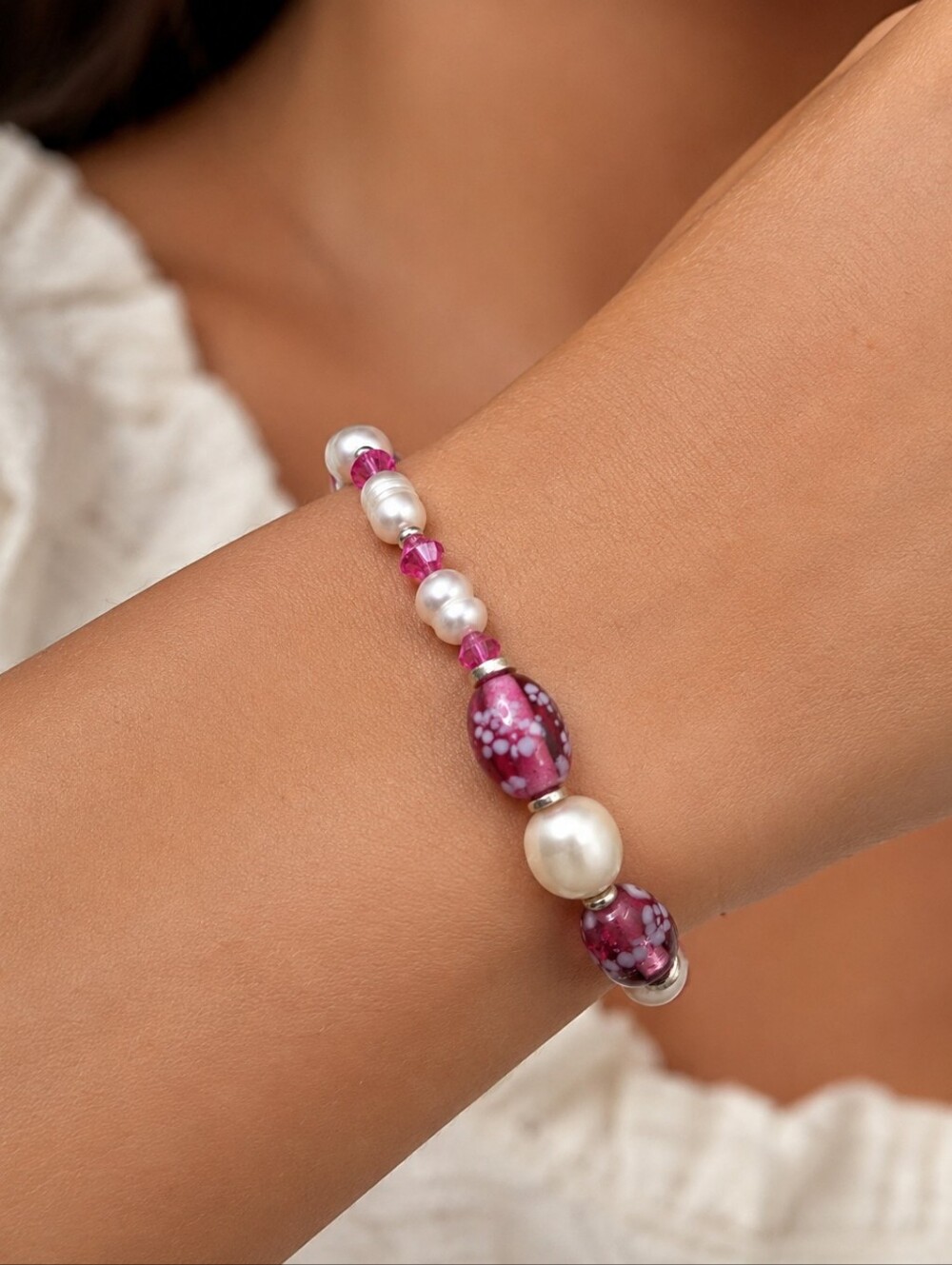 Handmade Beaded Floral Stretch Bracelet Freshwater Pearls & Glass Crystals